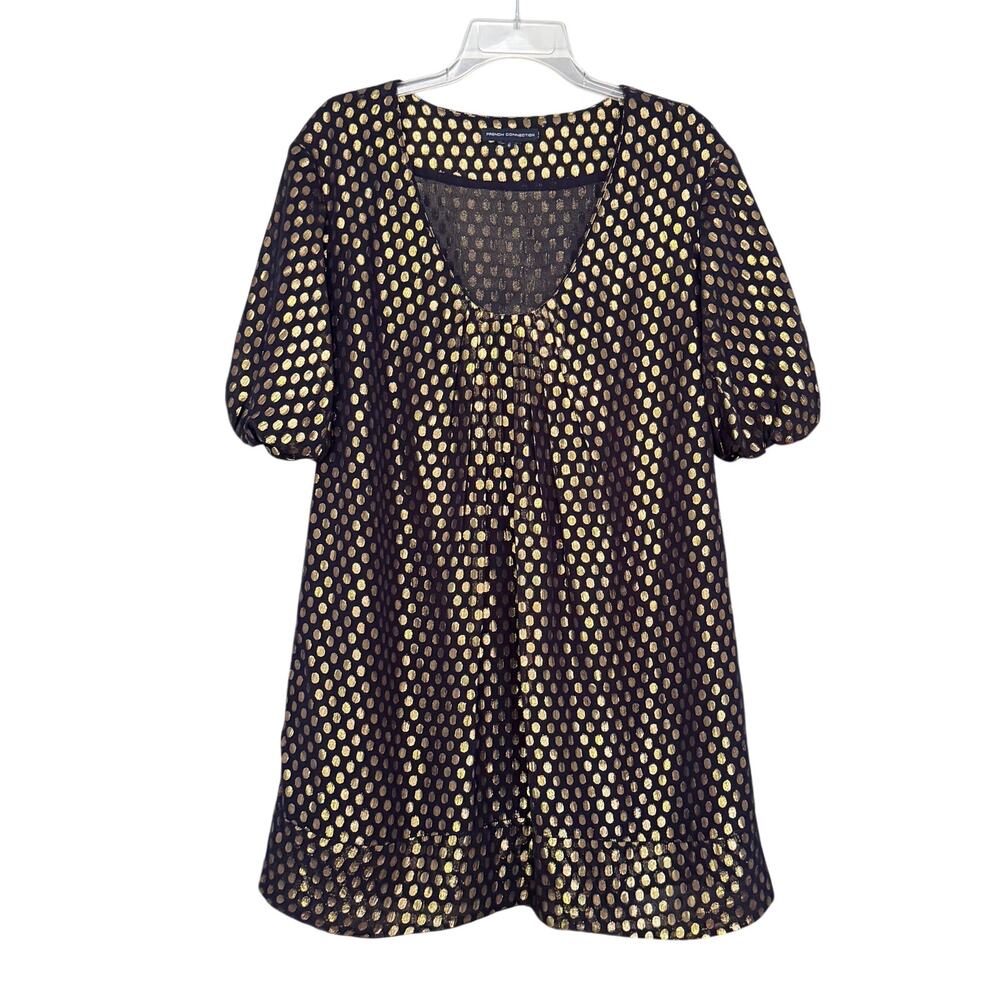 French Connection Navy Gold Metallic Dot Puff Sleeve Mini Dress Size 6